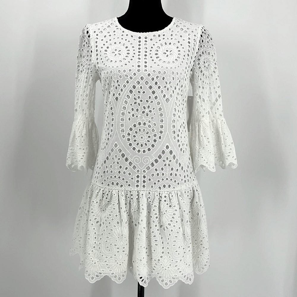 AQUA Detailed Lace Crochet White Dress Boho Bell Sleeves Women's Small